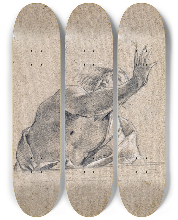 Triptych art skateboard deck of Simon Vouet Man With Raised Arm Behind A Parapet by Simon Vouet (1590-1649)