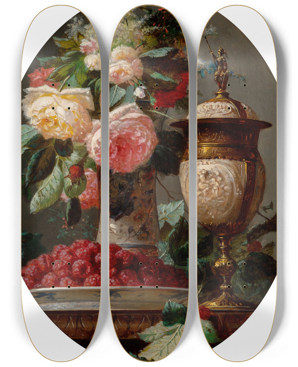 Triptych art skateboard deck of Jeanbaptiste Robie Still Life With Roses And A Bowl Of Raspberries With A Silvergilt Ostrich Egg Cup by Jean-Baptiste Robie (1821-1910)
