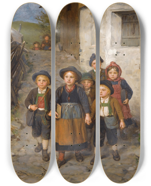 Triptych art skateboard deck of Franz Von Defregger Auf Dem Schulweg Going To School by Franz Von Defregger (1835-1921)