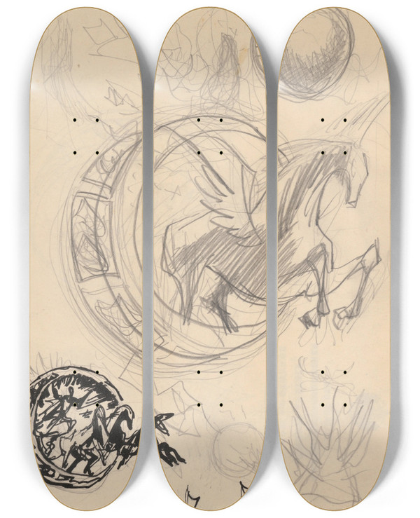 Triptych art skateboard deck of Jn Novk Pegas by Jan Novak (1921-1944)