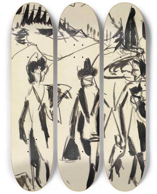 Triptych art skateboard deck of Ernst Ludwig Kirchner Drei Spaziergnger In Einer Gebirgslandschaft by Ernst Ludwig Kirchner (1880-1938)