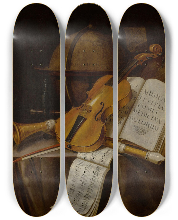 Triptych art skateboard deck of Edwaert Collier Vanitas Still Life With A Violin Recorders Music Manuscripts And A Globe by Edwaert Collier (1640-1707)