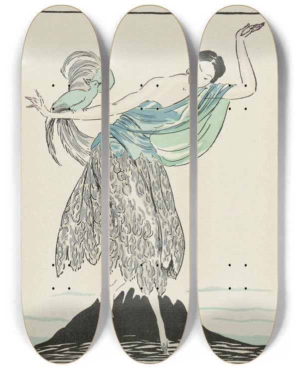 Triptych art skateboard deck of Lhom Loiseau Dargent Robe Du Soir Compose Dune Charpe Enveloppant Le Buste by L'Hom