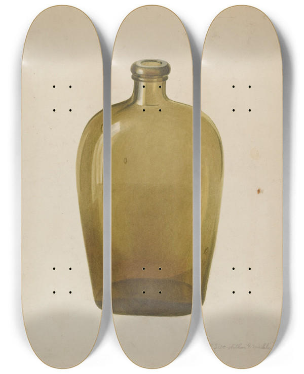 Triptych art skateboard deck of Arthur G Merkley Liquor Flask by Arthur G Merkley
