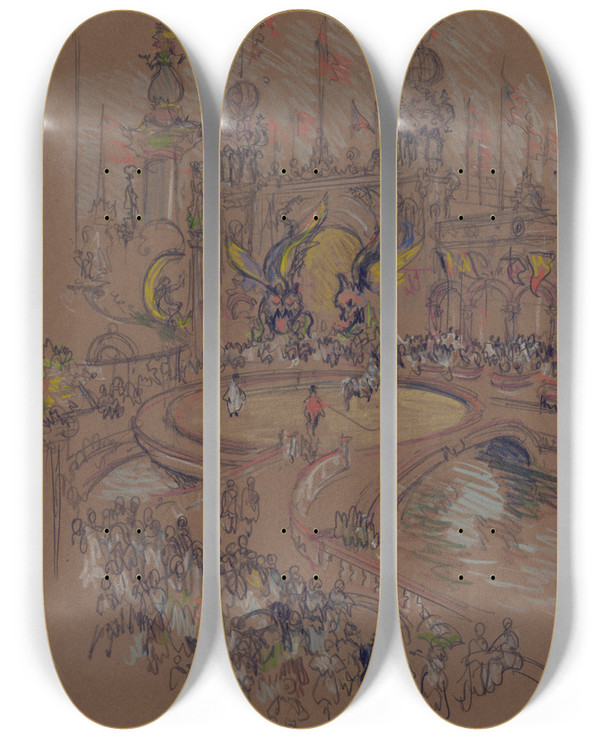 Triptych art skateboard deck of Joseph Pennell Coney Island by Joseph Pennell (1857-1926)