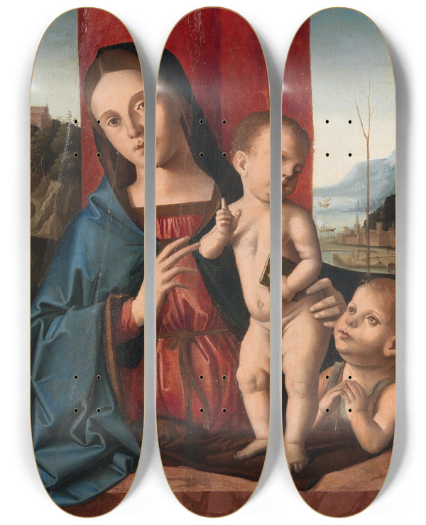 Triptych art skateboard deck of Marco Palmezzano And Workshop Madonna And Child With The Infant Saint John by Marco Palmezzano And Workshop (1460-1539)