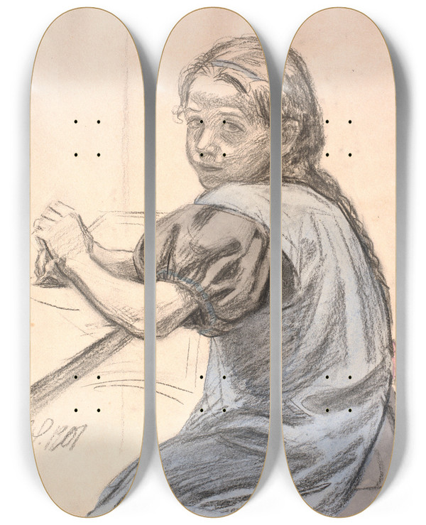Triptych art skateboard deck of Joakim Skovgaard Georgia Skovgaard Siddende Ved Et Bord by Joakim Skovgaard (1856-1933)