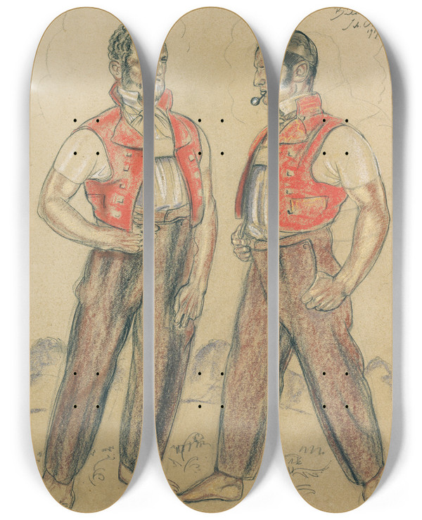 Triptych art skateboard deck of Sebastian Oesch Two Senns by Sebastian Oesch (1893-1920)