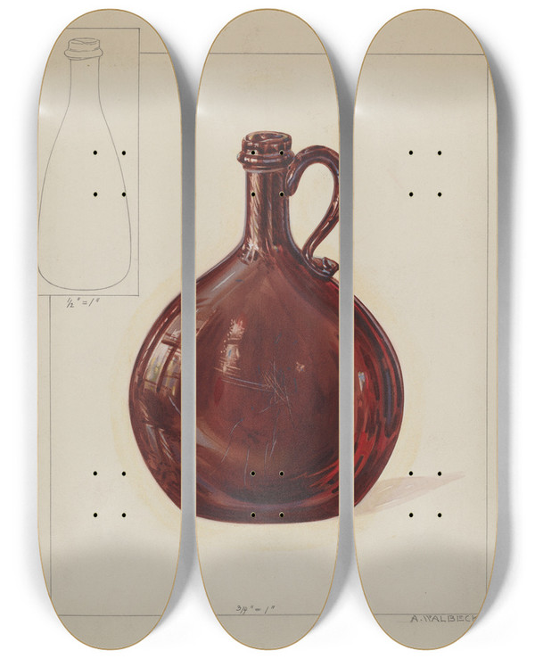 Triptych art skateboard deck of Alfred Walbeck Bottle by Alfred Walbeck