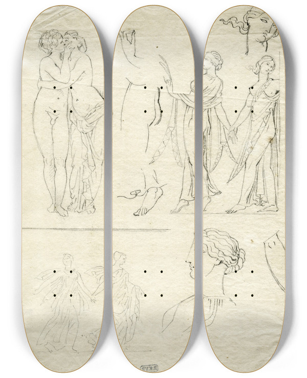 Triptych art skateboard deck of David Humbert De Superville Cupid And Psyche The Borghese Dancers And Part Of Another Relief by David Humbert De Superville (1770-1849)