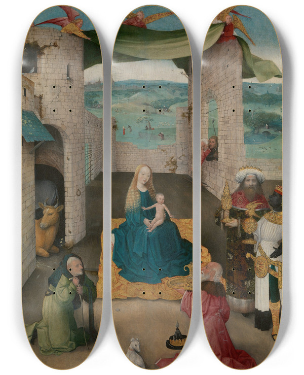 Triptych art skateboard deck of Hieronymus Bosch The Adoration Of The Magi by Hieronymus Bosch (1450-1516)