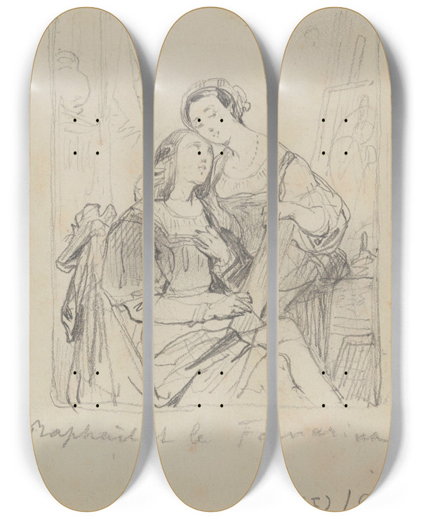 Triptych art skateboard deck of Nicaise De Keyser The Painter Raphael And La Fornarina_1 by Nicaise De Keyser (1813-1887)
