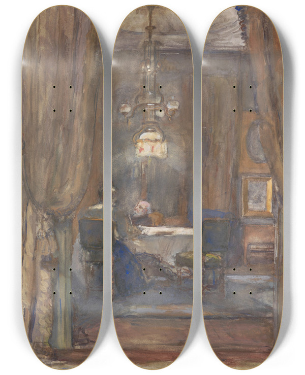Triptych art skateboard deck of Barbara Elisabeth Van Houten De Huiskamer Aan De Riouwstraat Te Den Haag Bij Avond by Barbara Elisabeth Van Houten (1863-1950)