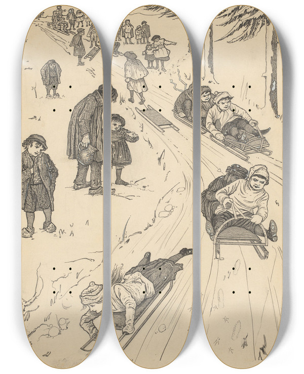 Triptych art skateboard deck of Willem Pothast Sleende Kinderen by Willem Pothast (1877-1916)