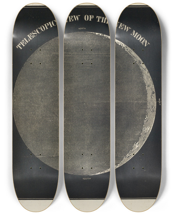 Triptych art skateboard deck of Asa Smith Telescopic View Of The New Moon by Asa Smith (19-)