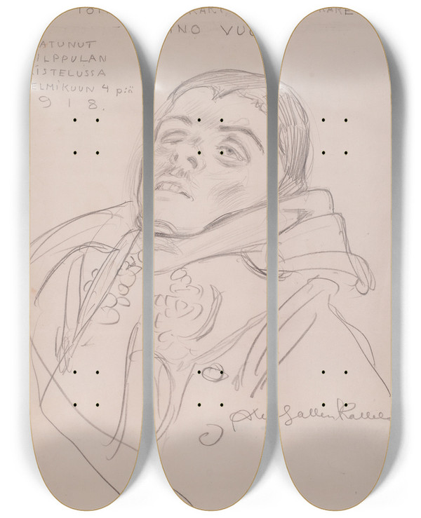 Triptych art skateboard deck of Akseli Gallenkallela Reino Vuolle Kaatunut Jkri by Akseli Gallen Kallela (1865-1931)