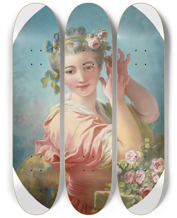 Triptych art skateboard deck of Jeanhonor Fragonard A Young Woman Adorning Her Powdered Coiffure With A Spray Of Roses by Jean-Honor Fragonard (1732-1806)