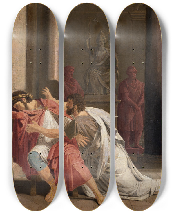 Triptych art skateboard deck of Otto Wallgren Burrhus Neros Tutor Prostrating Himself Before His Sovereign Lord by Otto Wallgren (1795-1857)