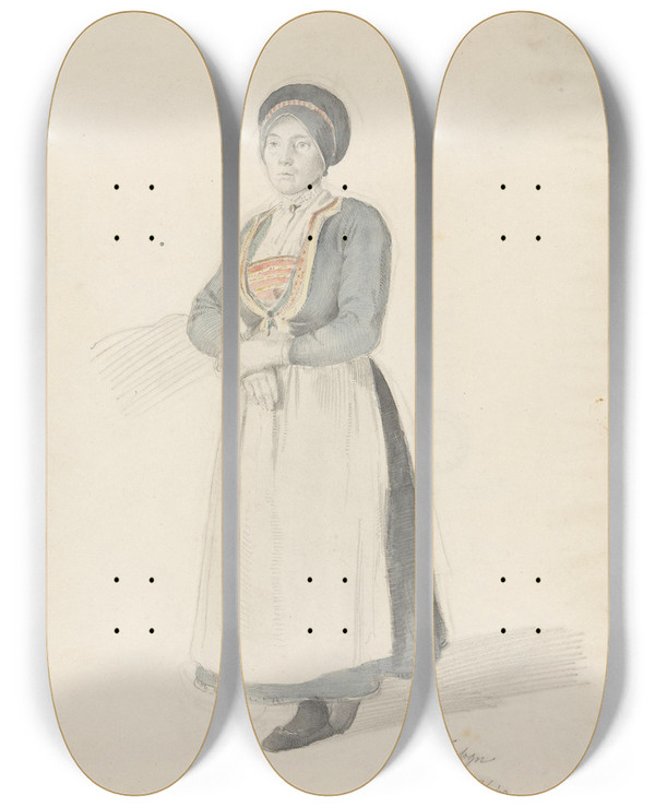 Triptych art skateboard deck of Adolph Tidemand Stende Kvinne I Bunad by Adolph Tidemand (1814-1876)