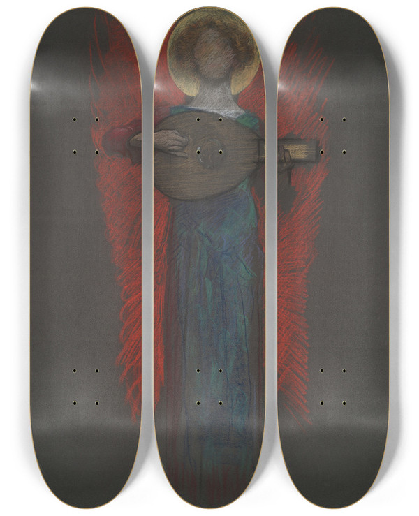 Triptych art skateboard deck of Edwin Austin Abbey Study Angel With Musicalinstrument by Edwin Austin Abbey (1852-1911)
