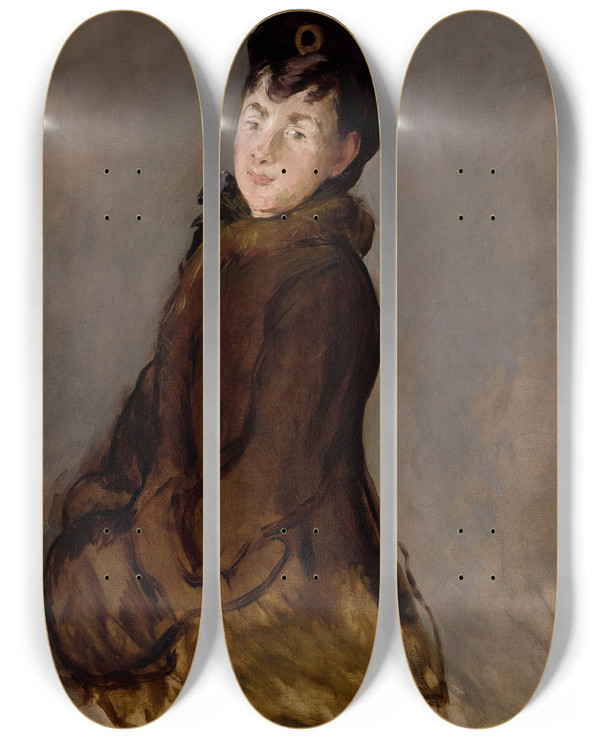 Triptych art skateboard deck of Douard Manet Portrait Of Isabelle Lemonnier With A Muff by douard Manet (1832-1883)