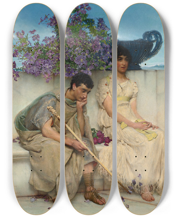 Triptych art skateboard deck of Lawrence Almatadema An Eloquent Silence by Lawrence Alma-Tadema (1836-1912)