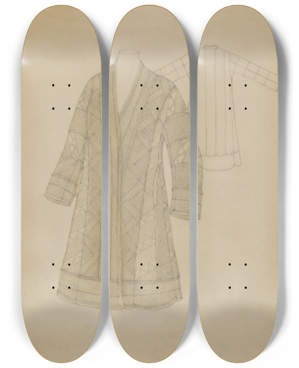 Triptych art skateboard deck of Mae Szilvasy Coat by Mae Szilvasy