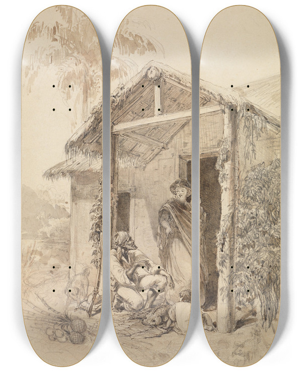 Triptych art skateboard deck of Ferdinand Keller Eingeborenenhtte In Brasilien by Ferdinand Keller (1842-1922)