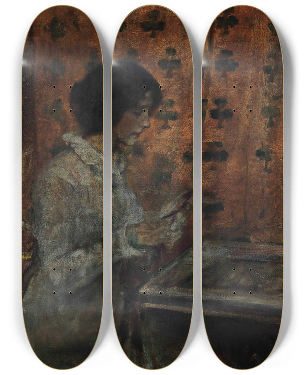 Triptych art skateboard deck of James Jebusa Shannon Finishing Touches by James Jebusa Shannon (1862-1923)