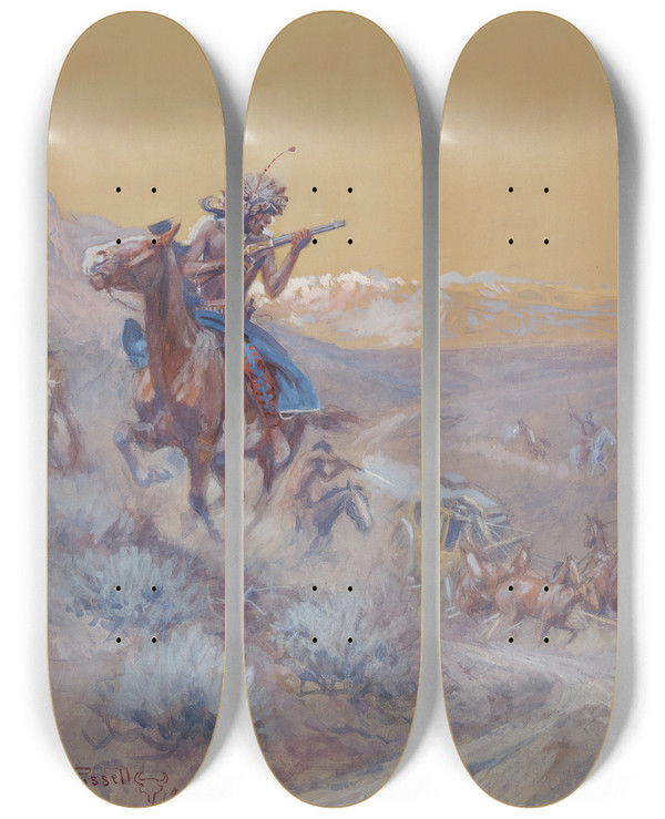 Triptych art skateboard deck of Charles Marion Russell The Stage Ahead Of Us Had Been Attacked By Indians And Burned Indian Attack by Charles Marion Russell (1864-1926)