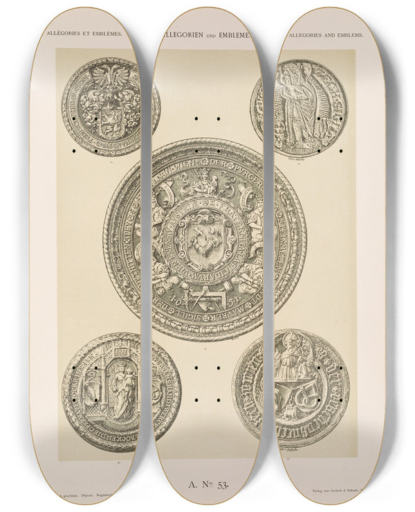 Triptych art skateboard deck of Albert Ilg Allegorien Und Embleme Vol Ii Pl060 by Albert Ilg (1847-1896)