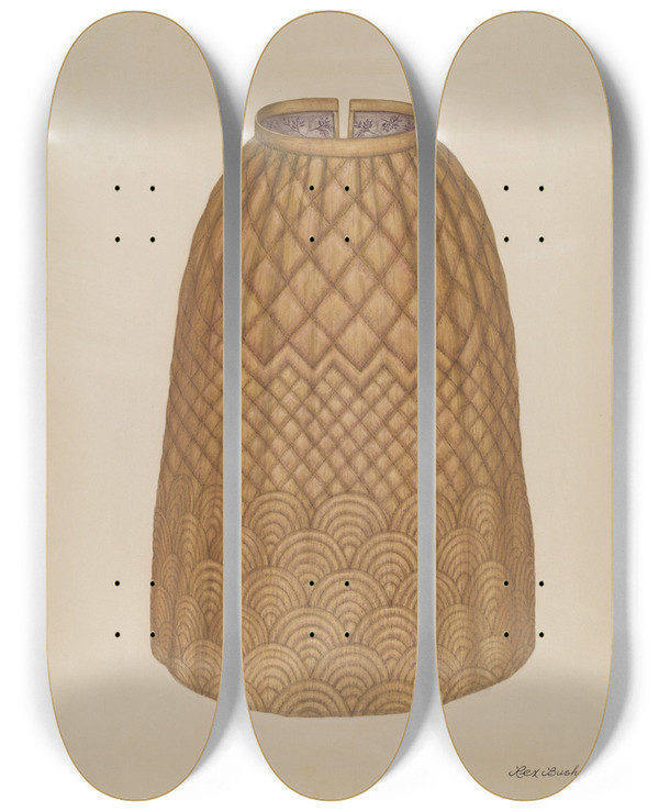 Triptych art skateboard deck of Rex F Bush Quilted Petticoat_1 by Rex F Bush (20-)