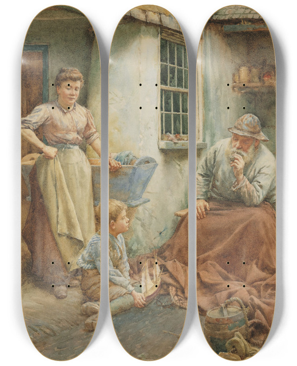 Triptych art skateboard deck of Walter Langley The Fishermans Tales by Walter Langley (1852-1922)