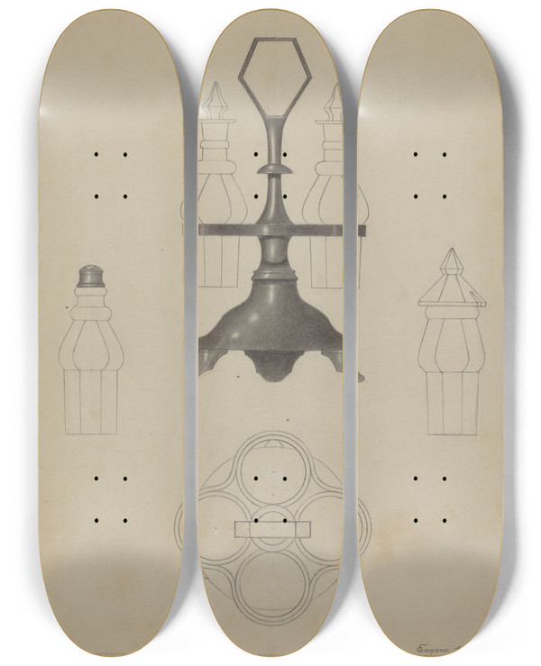 Triptych art skateboard deck of Eugene Barrell Pewter Caster by Eugene Barrell