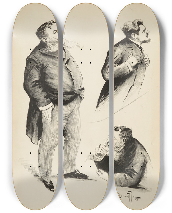 Triptych art skateboard deck of Nol Dorville Mm Jaluzot Et Et Paul Beauregard by Noel Dorville (1874-1938)