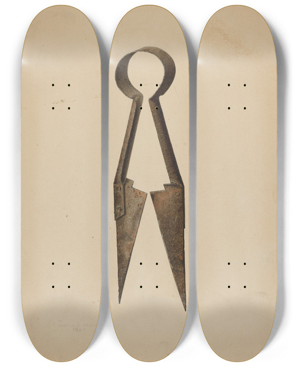 Triptych art skateboard deck of Harold Ballerd Trimming Shears by Harold Ballerd