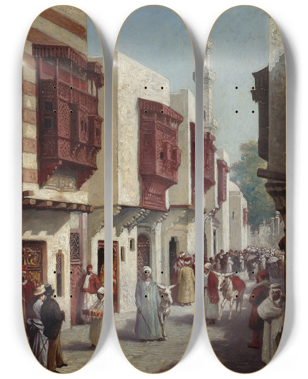 Triptych art skateboard deck of C Bussilliet La Rue Du Caire Lexposition De 1889_2 by C Bussilliet (19-)