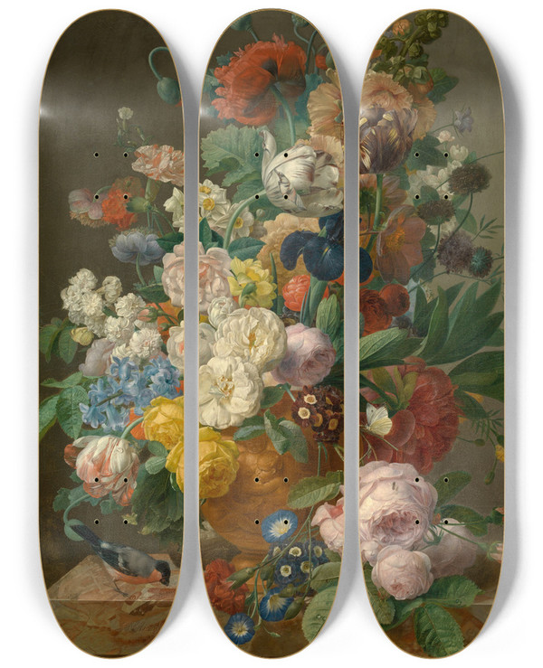 Triptych art skateboard deck of Jan Frans Eliaerts Flowers In A Vase by Jan Frans Eliaerts