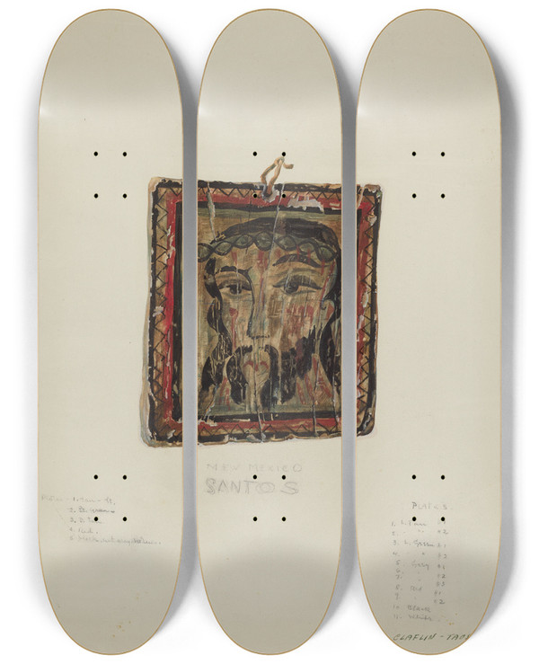 Triptych art skateboard deck of Majel G Claflin Small Christo Head Retablo by Majel G Claflin (1893-1941)