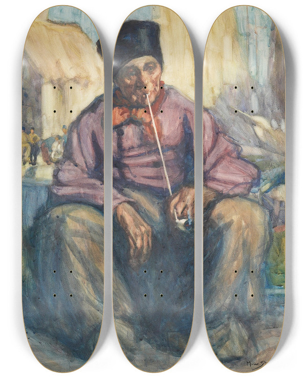 Triptych art skateboard deck of Maud Sherwood The Old Dutchman With Clay Pipe by Maud Sherwood (1880-1956)
