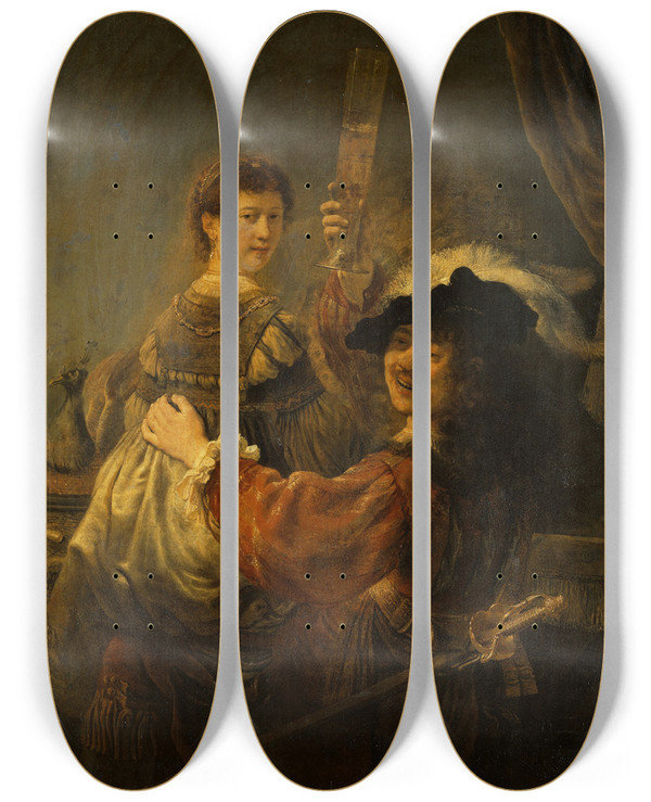 Triptych art skateboard deck of Rembrandt Van Rijn Rembrandt And Saskia In The Scene Of The Prodigal Son by Rembrandt Van Rijn (1606-1669)