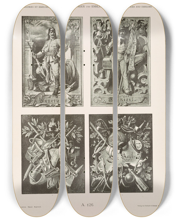 Triptych art skateboard deck of Albert Ilg Allegorien Und Embleme Vol Ii Pl137 by Albert Ilg (1847-1896)