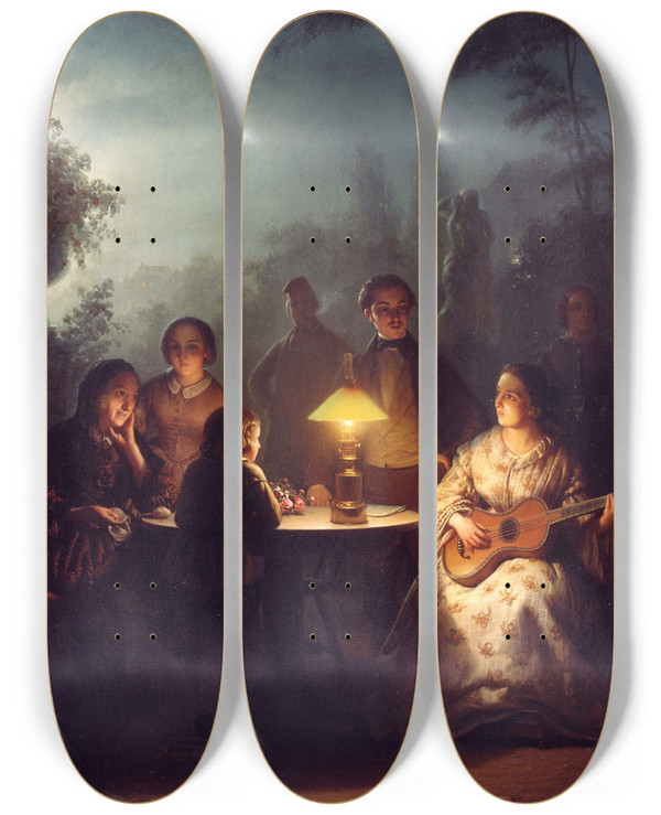 Triptych art skateboard deck of Petrus Van Schendel A Summer Evening By Lamp And By Moonlight by Petrus Van Schendel (1806-1870)