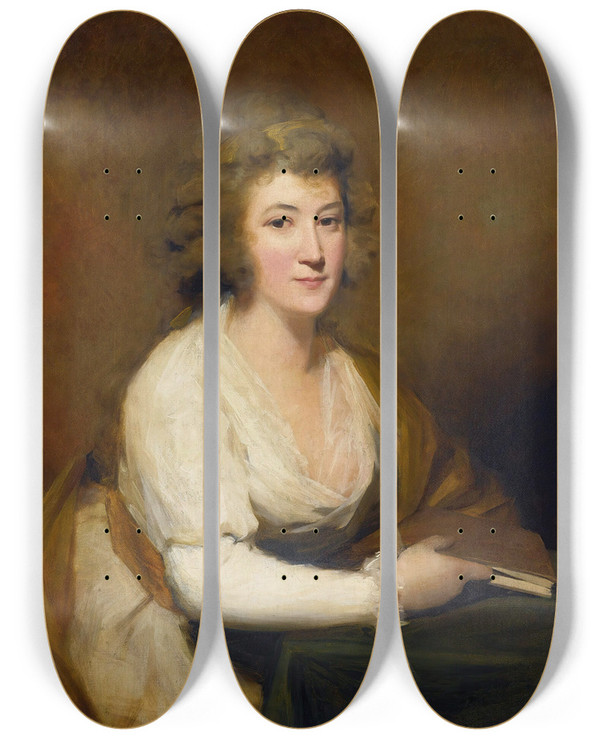 Triptych art skateboard deck of Sir Henry Raeburn Portrait Of Lady Nasmyth In A White Dress And Brown Shawl Seated At A Table Holding A Book by Sir Henry Raeburn (1756-1823)