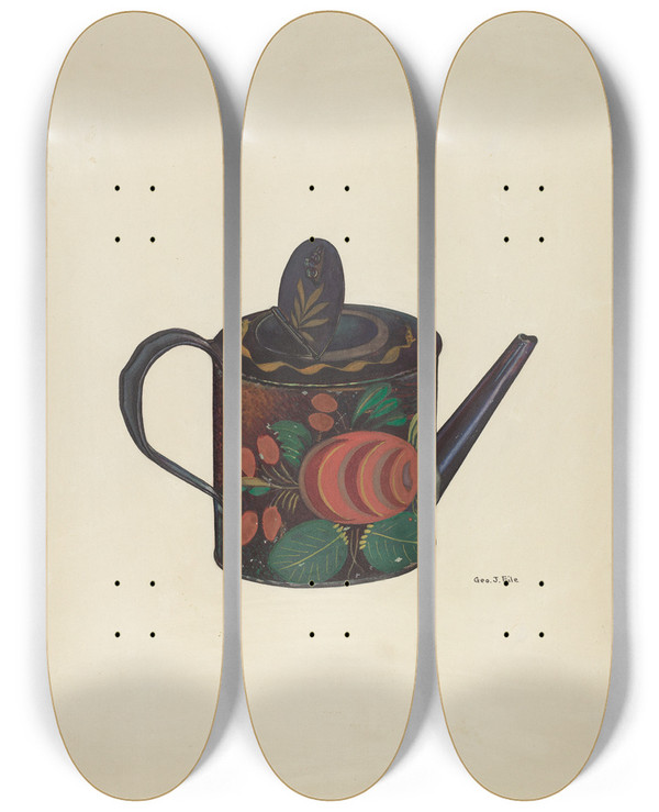 Triptych art skateboard deck of George File Teapot by George File