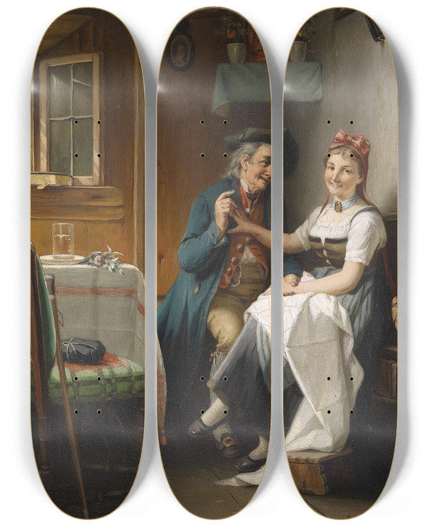 Triptych art skateboard deck of August Mller Der Verehrer by August Muller (1836-1885)