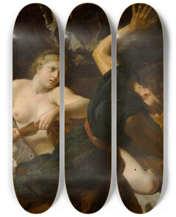 Triptych art skateboard deck of Antoine Rivalz Joseph And Potiphars Wife by Antoine Rivalz (1667-1735)