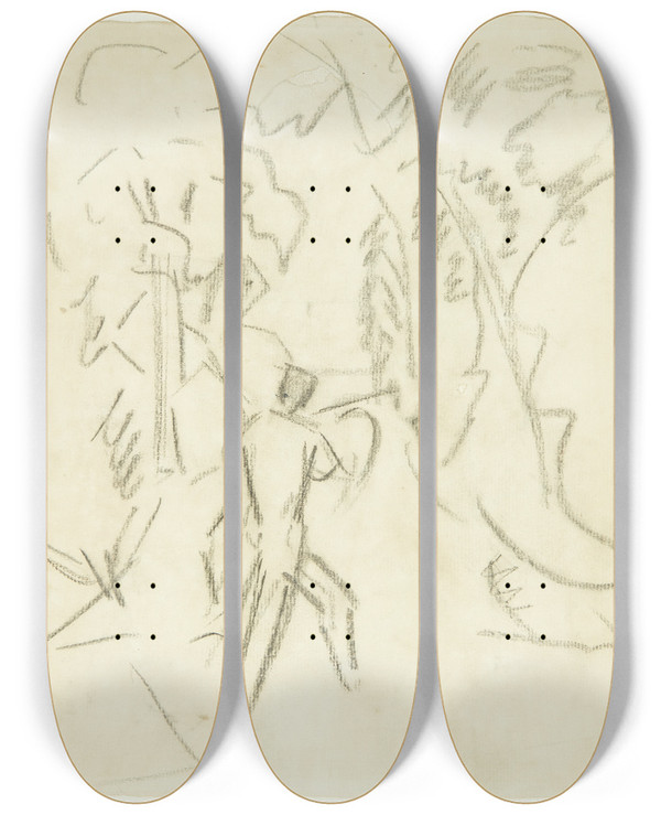 Triptych art skateboard deck of Edvard Weie Udkast Til Maleriet Faun Og Nymfe 3 by Edvard Weie (1879-1943)