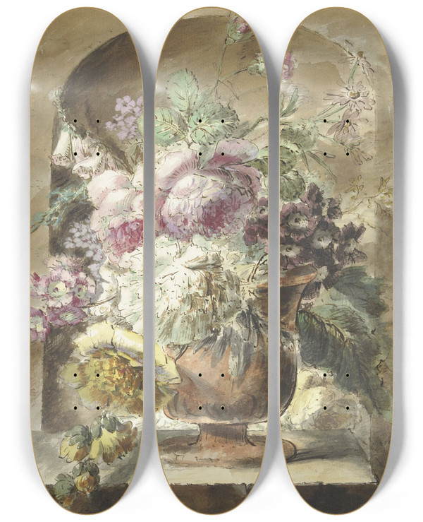 Triptych art skateboard deck of Pieter Van Loo Bloemen by Pieter Van Loo (1731-1784)