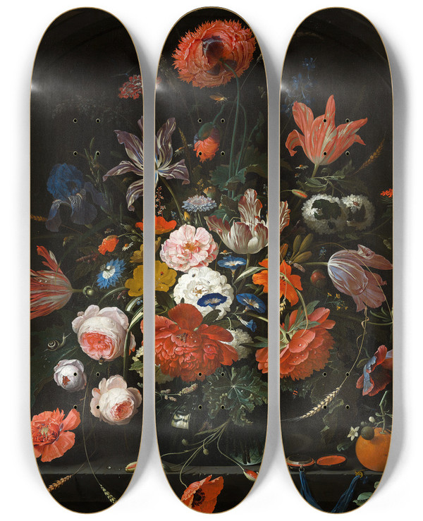 Triptych art skateboard deck of Abraham Mignon Flowers In A Glass Vase by Abraham Mignon (1640-1679)